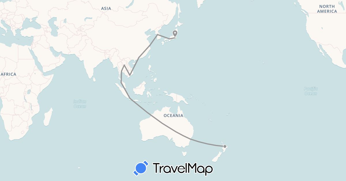 TravelMap itinerary: driving, plane in Australia, China, Indonesia, Japan, South Korea, Laos, Malaysia, New Zealand, Thailand, Vietnam (Asia, Oceania)